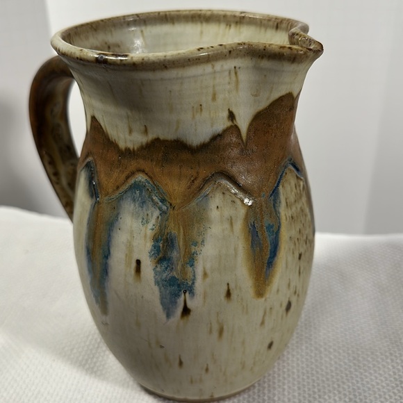 Rustic Brown & Beige Ceramic Pitcher Studio Pottery Hand Thrown Boho Decor - Picture 10 of 15